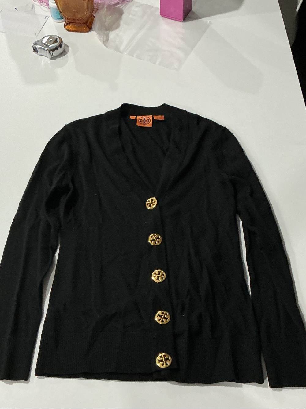 Tory Burch Black V-Neck Cardigan with Gold Logo Buttons
